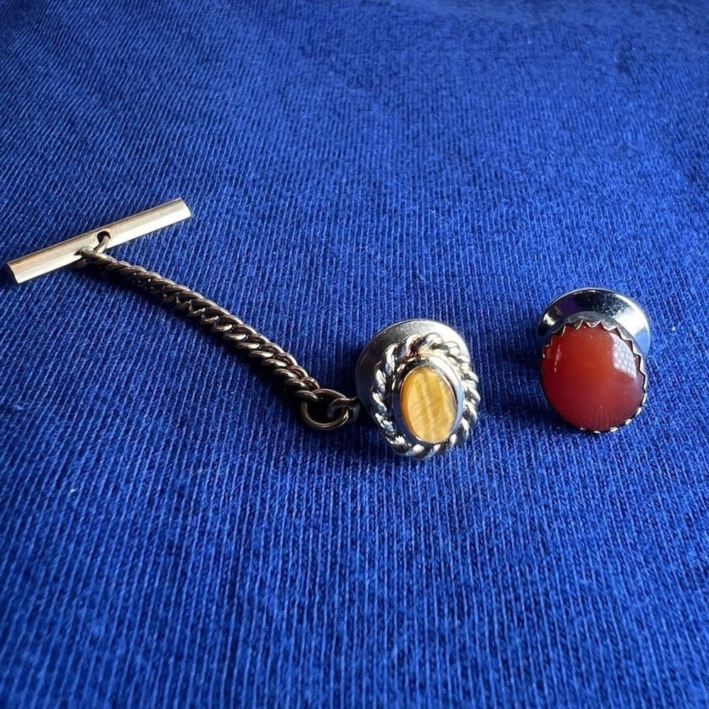 Vintage Tie Tack Lot w/ Chain Gold Tone & Silver Tone Unknown Stones